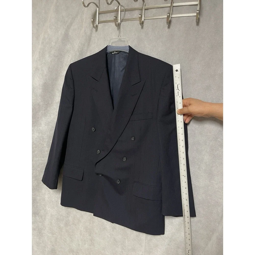 Perry Ellis Suit Men 42R Navy Striped Double Breasted Wool 36x32 Pants Luxury